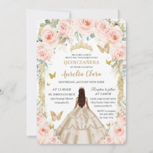 Champagne Vintage Gold Blush Floral Quinceañera Invitation