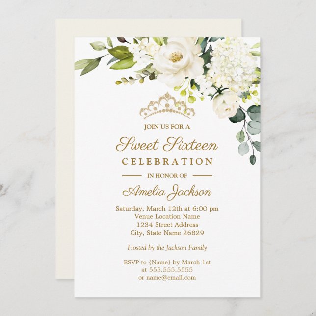 Champagne Watercolor Floral Sweet 16 Party Invitation (Front/Back)