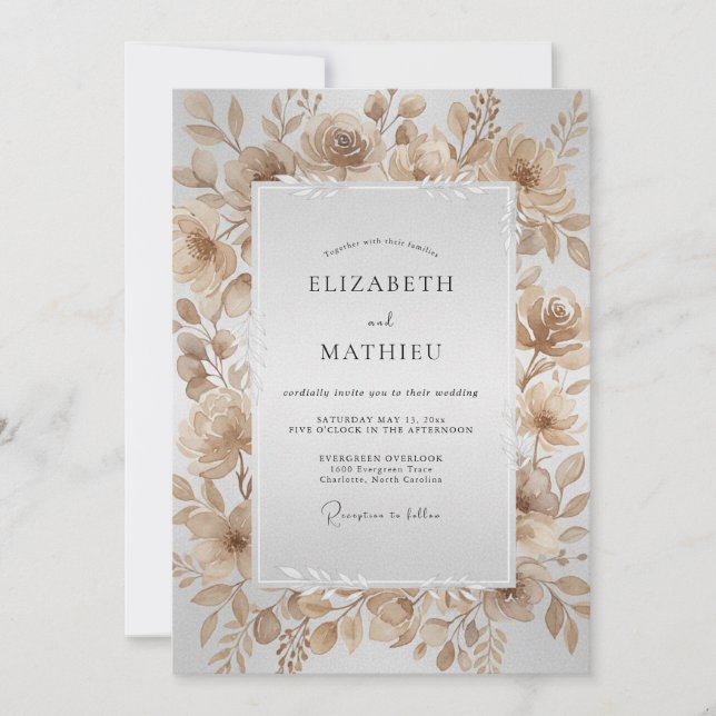 Champagne Watercolor Leaf Wedding Invitation (Front)