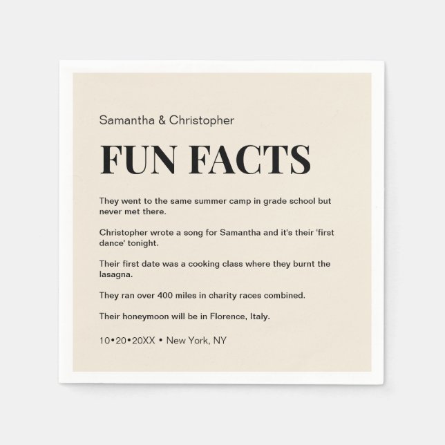 Champagne Wedding Customisable Fun fact list Napkin (Front)