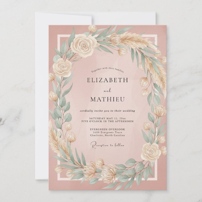 Champagne Wheat Wreath Wedding Invitation (Front)