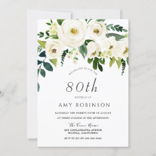 Champagne White Floral Elegant 80th Birthday Party Invitation