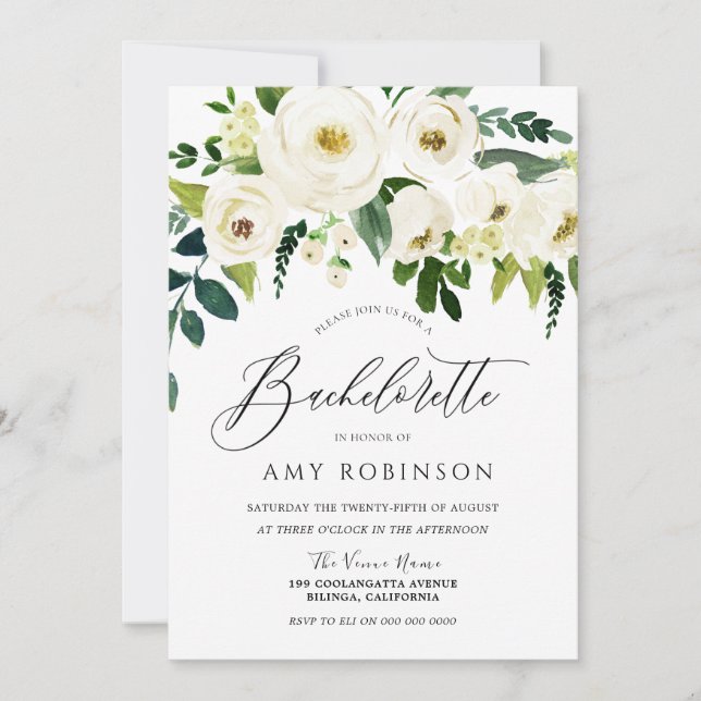 Champagne White Flowers Elegant Bachelorette Party Invitation (Front)