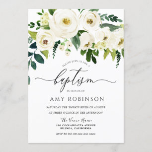 Champagne White Flowers Elegant Baptism Invitation
