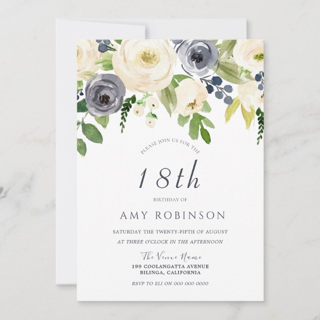 Champagne White & Navy Floral 18th Birthday Party Invitation (Front)