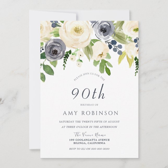 Champagne White & Navy Floral 90th Birthday Party Invitation (Front)