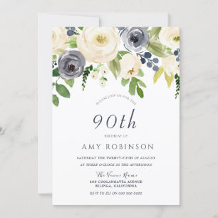 Champagne White & Navy Floral 90th Birthday Party Invitation