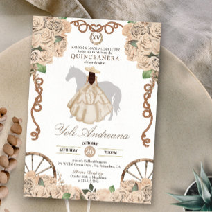 Champagne White Rose Cream Charro Quinceanera Invitation