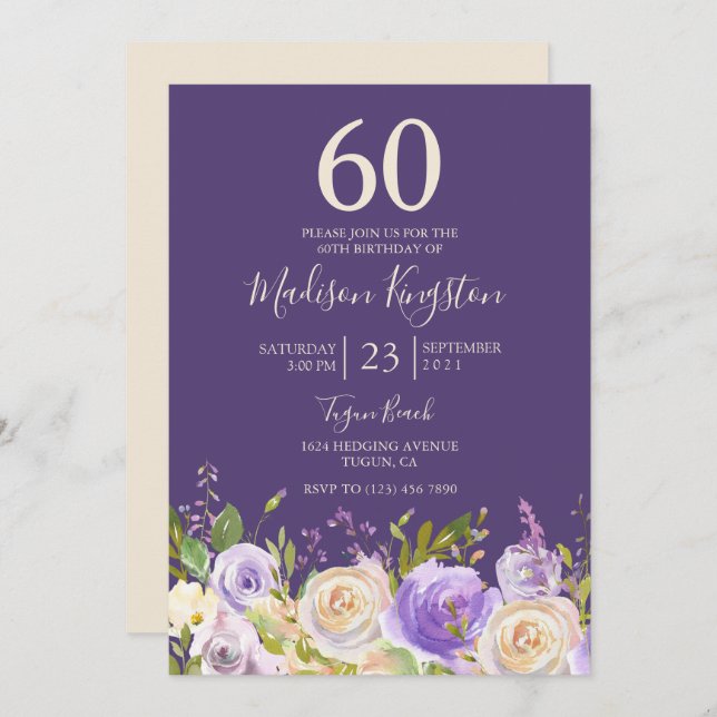 Champagne White Rose Purple 60th Birthday Party Invitation (Front/Back)