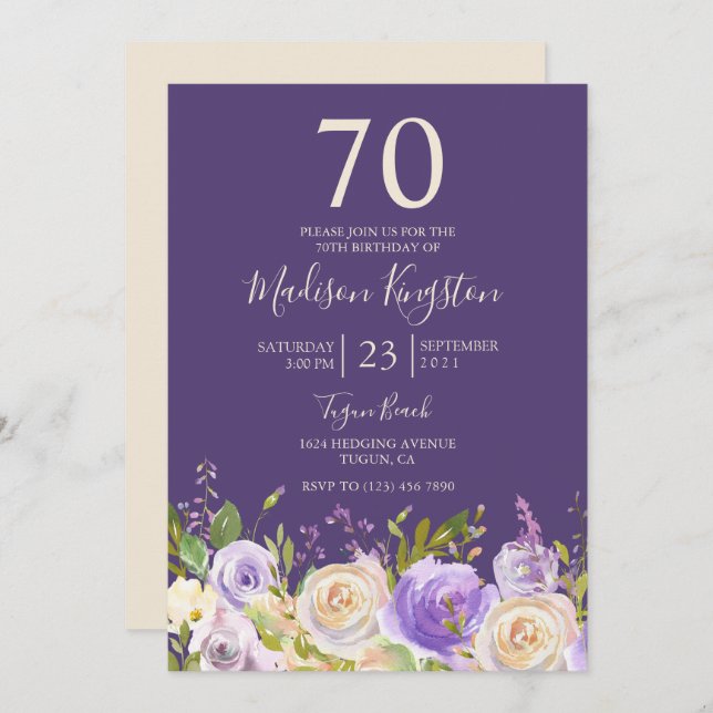 Champagne White Rose Purple 70th Birthday Party Invitation (Front/Back)