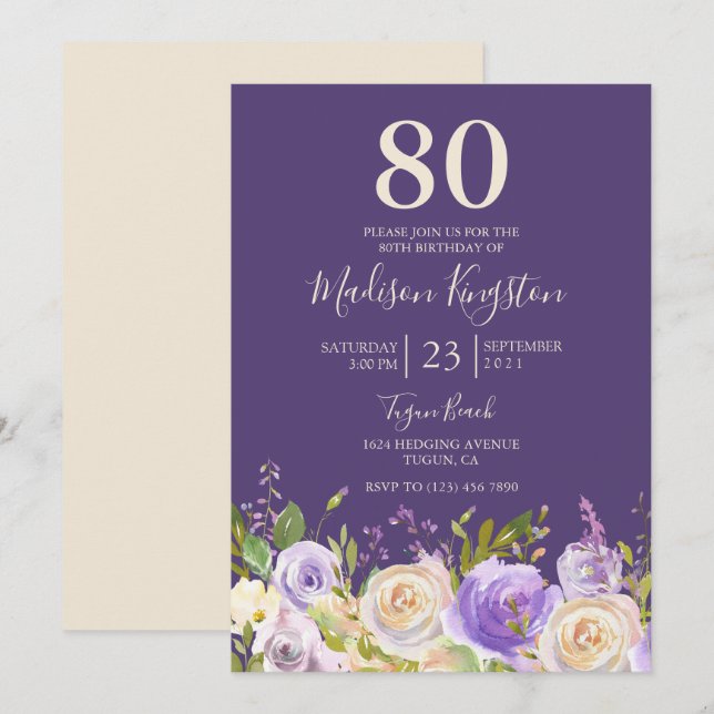 Champagne White Rose Purple 80th Birthday Party Invitation (Front/Back)