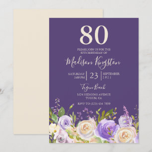Champagne White Rose Purple 80th Birthday Party Invitation