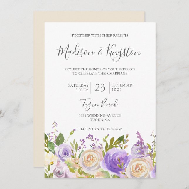 Champagne White Rose Purple Floral Elegant Wedding Invitation (Front/Back)