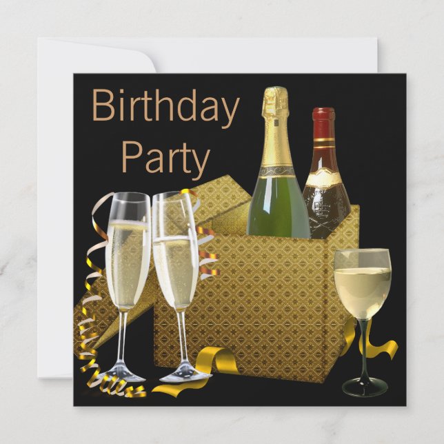 Champagne Wine Glasses Black Gold Birthday Party Invitation (Front)