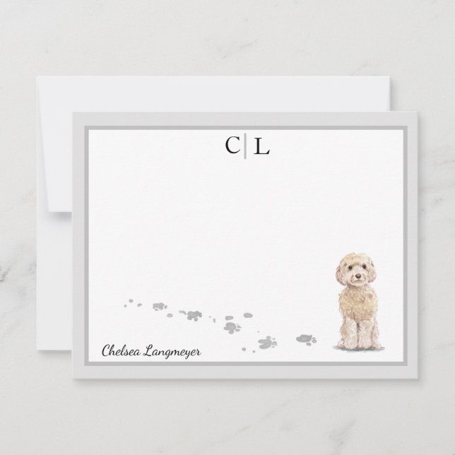 Champaign Cockapoo Dog Grey Border Monogram Name Card (Front)