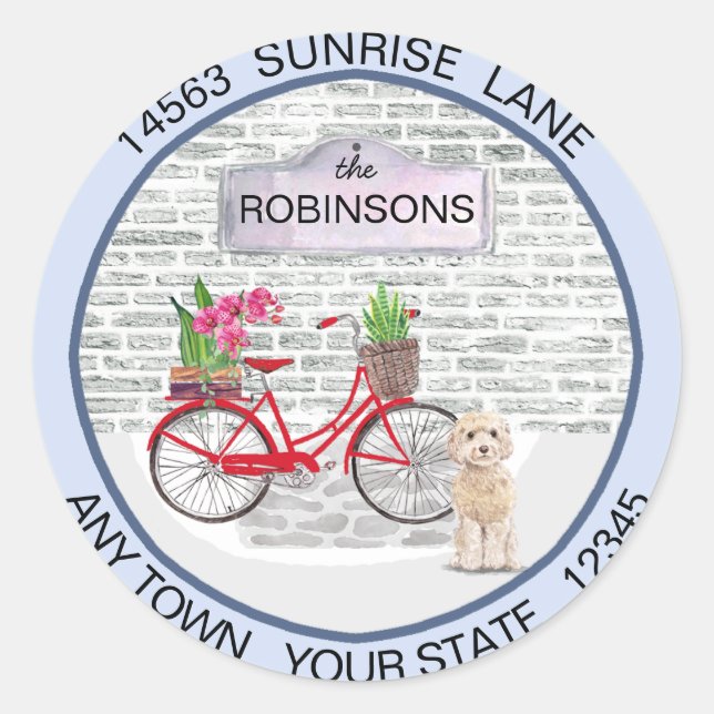 Champaign Cockapoo Moving Bicycle New Address  Classic Round Sticker (Front)