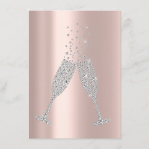 Champaigne Bubbles Glass Silver Grey Diamond Pink Invitation