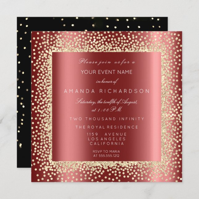 Champaigne Gold Glitter Black Burgundy Confett Invitation (Front/Back)