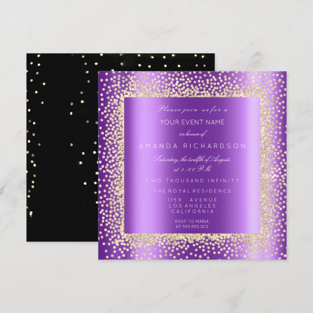 Champaigne Gold Glitter Black Confetti Purple Plum Invitation (Front/Back)