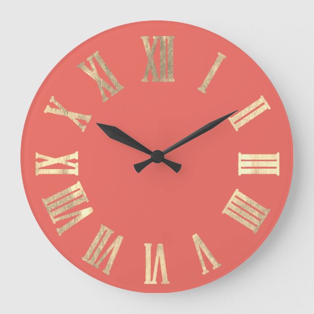 Champaigne Gold Metal Minimal Roman Number Coral Large Clock (Front)