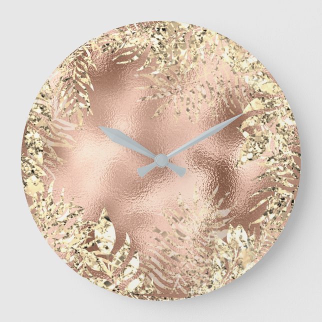 Champaigne Gold Palm Leafs Metallic Floral Blush Large Clock (Front)