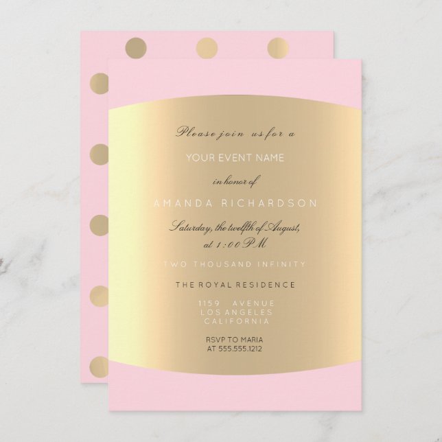 Champaigne Gold Polka Dots Sepia Rose Pink Pastel Invitation (Front/Back)