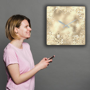 Champaigne Gold Tropical Leafs Botanical Metallic Square Wall Clock