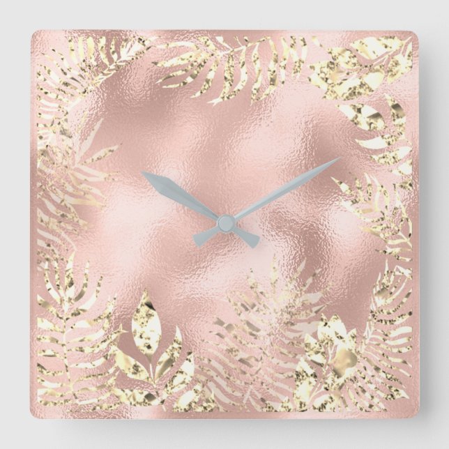 Champaigne Gold Tropical Leafs Floral Metal Pink Square Wall Clock (Front)