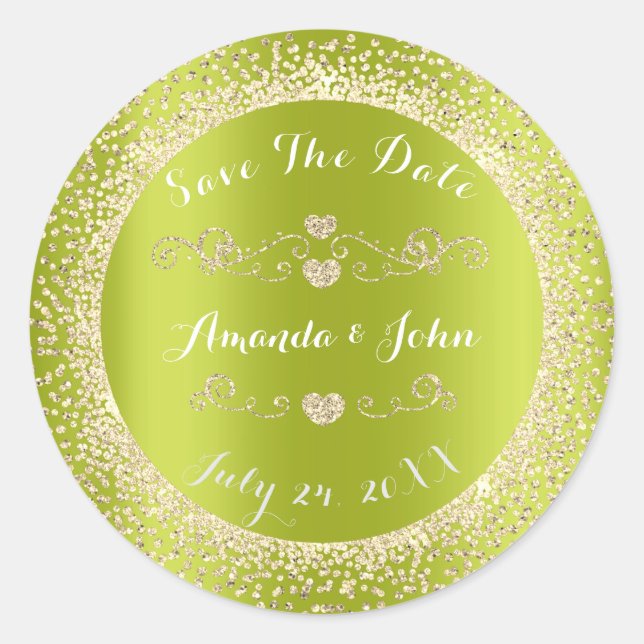 Champaigne Green Gold Glitter Save the Date Hearts Classic Round Sticker (Front)