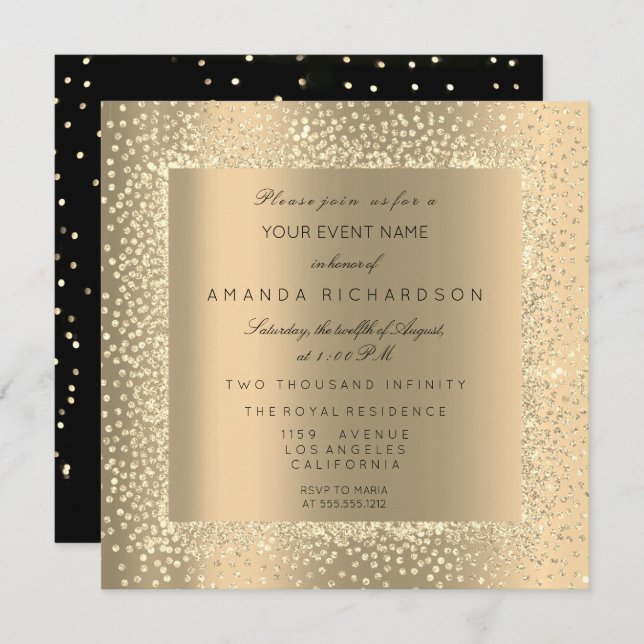 Champaigne Sepia Gold Glitter Black Confetti VIP Invitation (Front/Back)