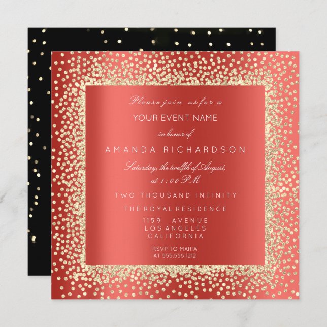 Champaigne Sepia Gold Glitter Confetti Red Ruby Invitation (Front/Back)