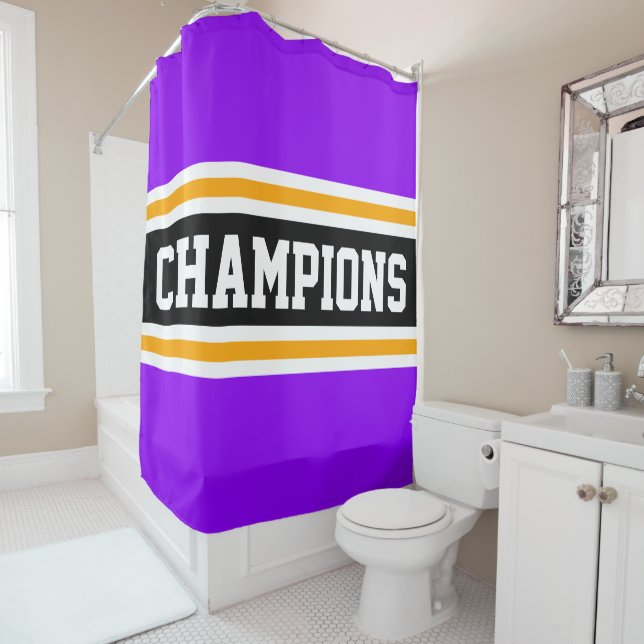 CHAMPIONS Fun Bright Purple Black Racing Stripes Shower Curtain (In Situ)