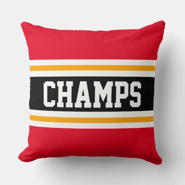 CHAMPS Sporty Bright Red Black Yellow Stripes Cushion (Front)