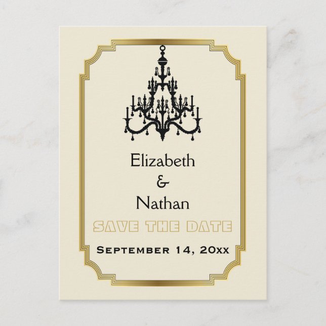 Chandelier & Art Deco border wedding Save the Date Announcement Postcard (Front)