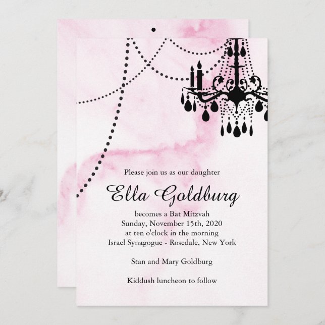 Chandelier Bat Mitzvah Invite on Pink Marble (Front/Back)