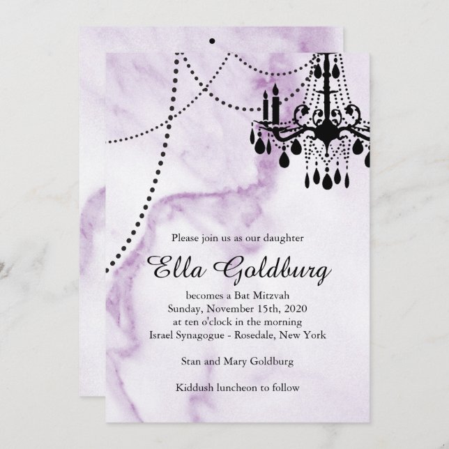 Chandelier Bat Mitzvah Invite on Purple Marble (Front/Back)