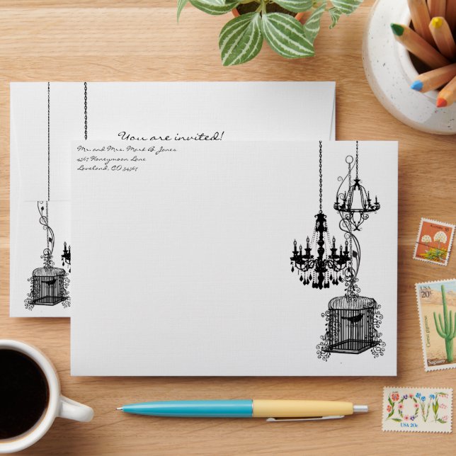 Chandelier Bird Cage Damask Wedding Envelopes (Desk)
