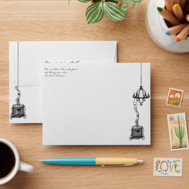 Chandelier Bird Cage Damask Wedding Envelopes (Desk)