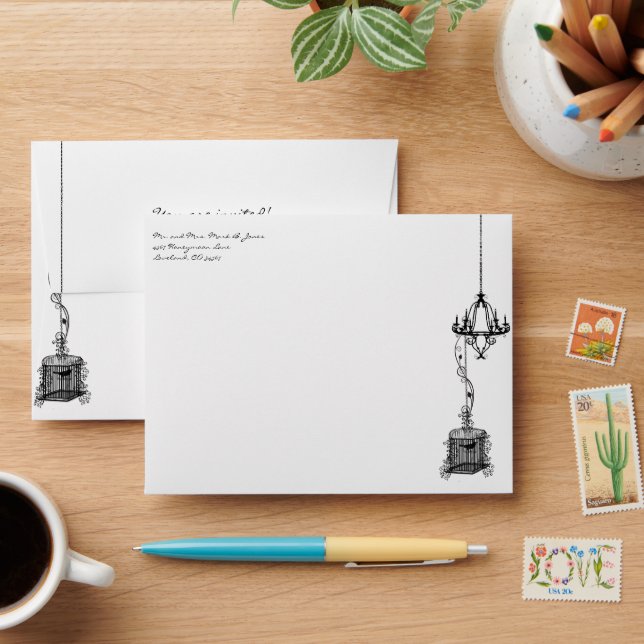 Chandelier Bird Cage Damask Wedding Envelopes (Desk)