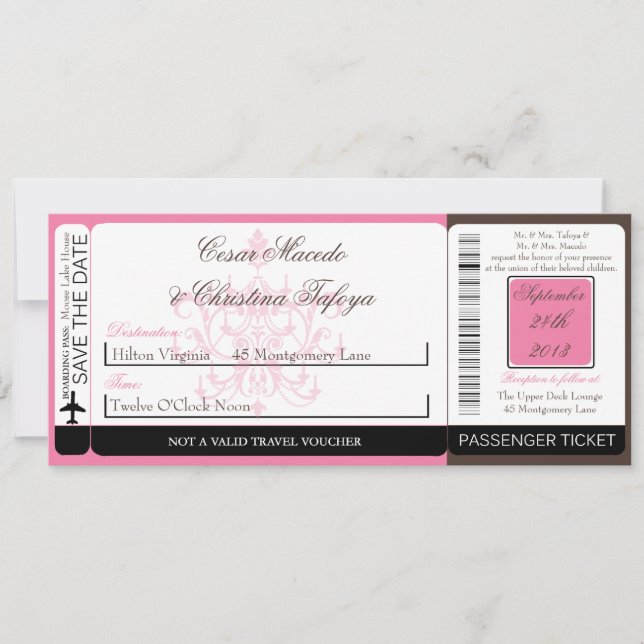 Chandelier Boarding Pass Wedding Invitation (Front)