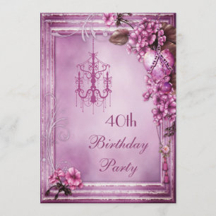 Chandelier, Heart & Flowers 40th Birthday Party Invitation
