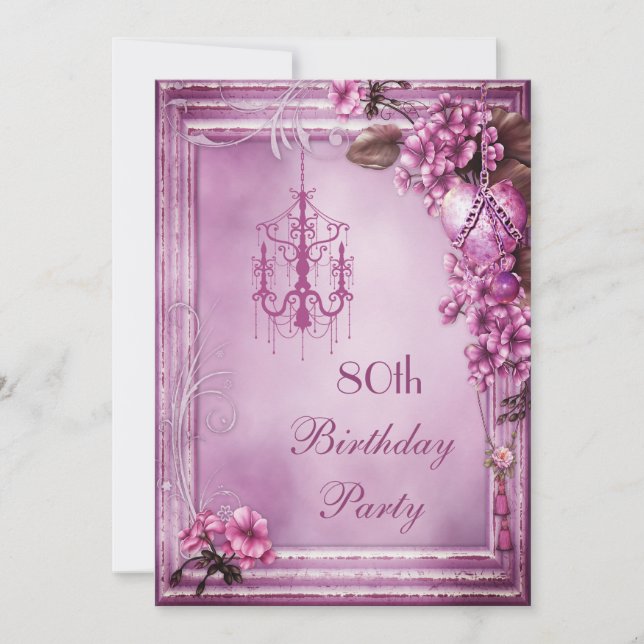 Chandelier, Heart & Flowers 80th Birthday Party Invitation (Front)