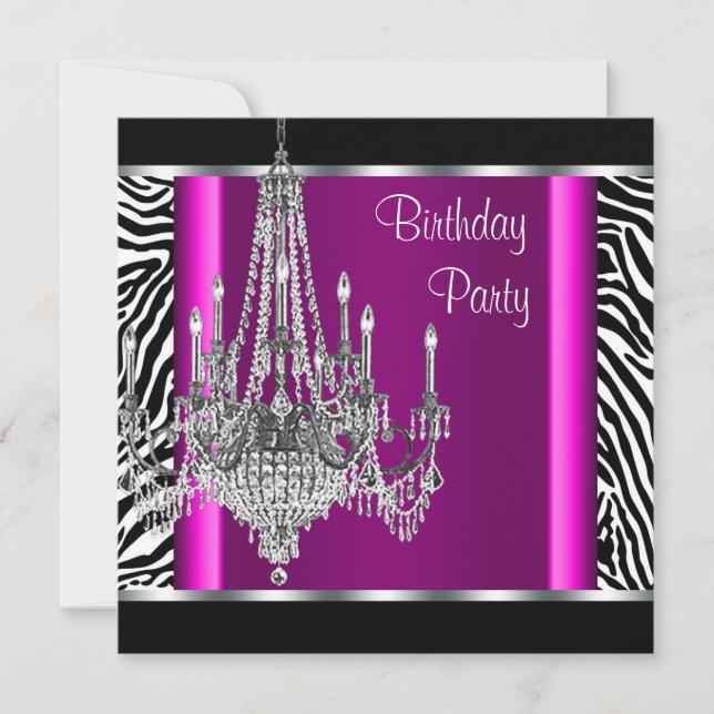 Chandelier Hot Pink Zebra Birthday Party Invitation (Front)