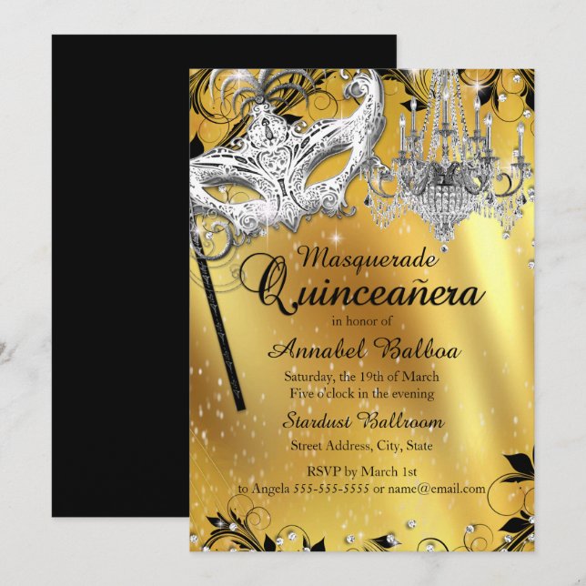 Chandelier Masquerade Gold Quinceanera Invite (Front/Back)
