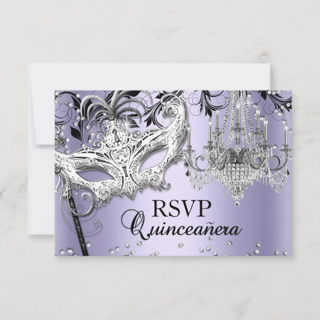 Chandelier Masquerade Purple Quinceanera RSVP Invitation (Front)