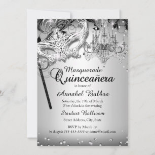 Chandelier Masquerade Silver Quinceanera Invite