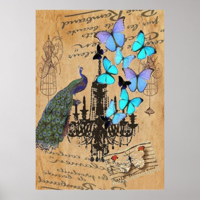 chandelier modern vintage peacock blue butterfly poster (Front)