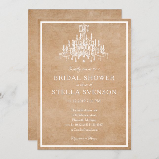 Chandelier on brown paper invitation (Front/Back)