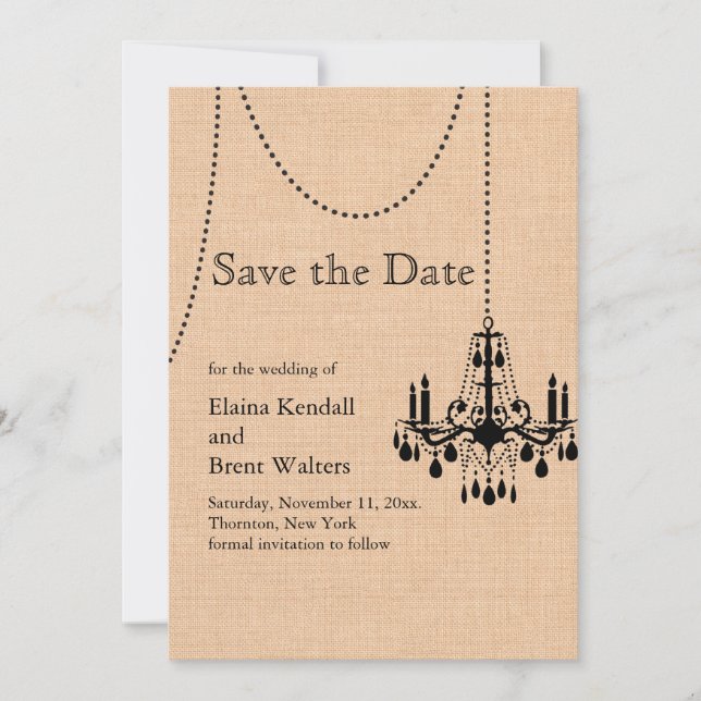 Chandelier on Burlap Save the Date (Front)