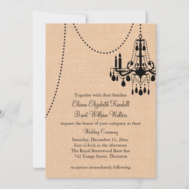 Chandelier  on Burlap Wedding Invitation (Front)